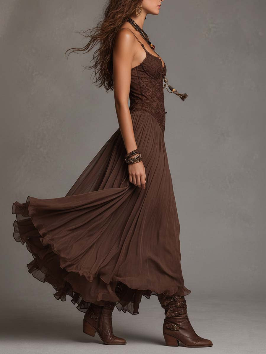 Natalia - Vestido Maxi de Chiffon com Painéis de Renda Castanho Escuro para Mulher