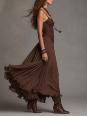 Natalia - Vestido Maxi de Chiffon com Painéis de Renda Castanho Escuro para Mulher