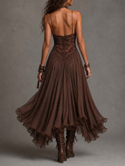 Natalia - Vestido Maxi de Chiffon com Painéis de Renda Castanho Escuro para Mulher
