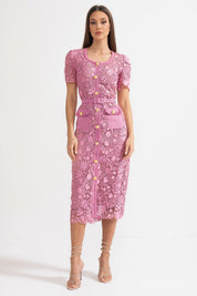 Inês | Vestido Midi de Renda Floral com Cintura Franzida — Rosa