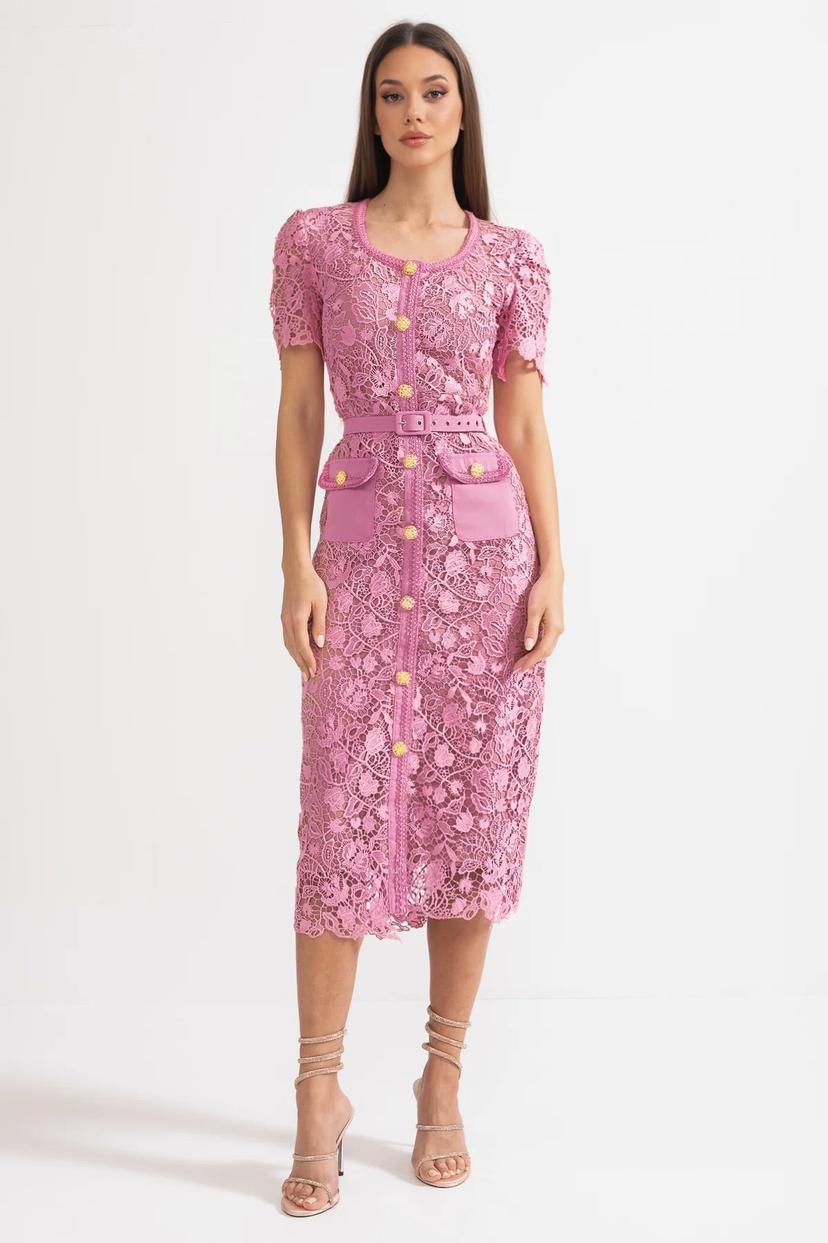 Inês | Vestido Midi de Renda Floral com Cintura Franzida — Rosa
