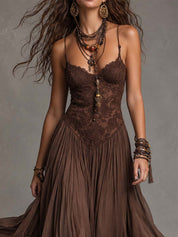 Natalia - Vestido Maxi de Chiffon com Painéis de Renda Castanho Escuro para Mulher