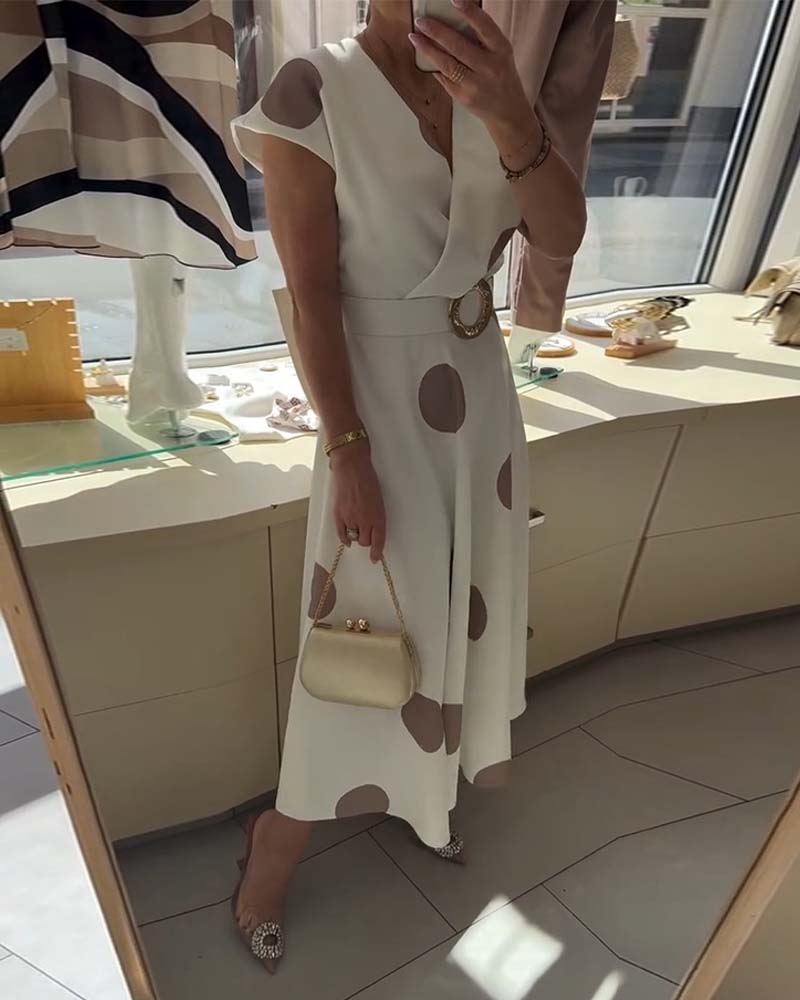 Lorena - Vestido midi para mulher com bolinhas e decote em V