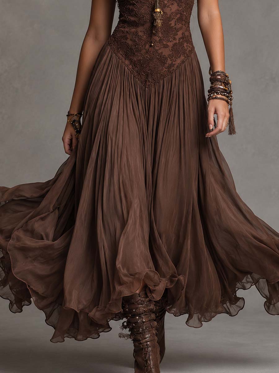 Natalia - Vestido Maxi de Chiffon com Painéis de Renda Castanho Escuro para Mulher