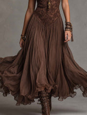 Natalia - Vestido Maxi de Chiffon com Painéis de Renda Castanho Escuro para Mulher