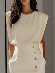 Aina - Vestido midi liso com fenda de botões e decote redondo