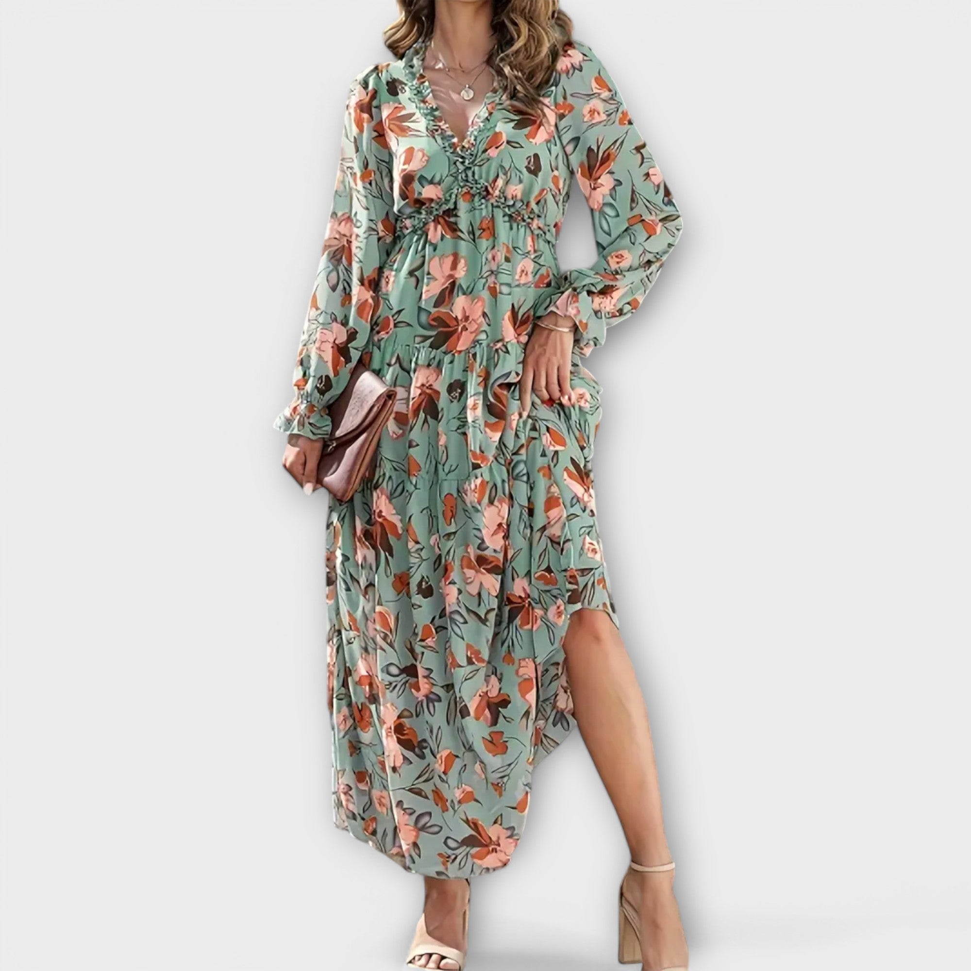 Aldona | Vestido Maxi Floral com Decote V e Tecido Plissado