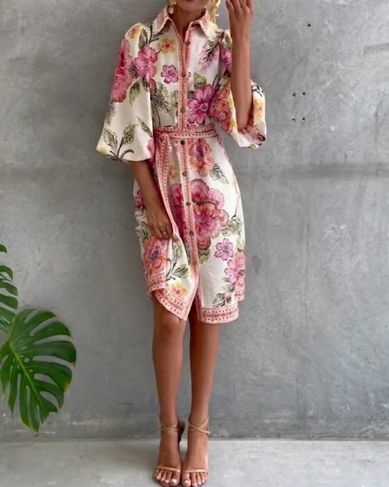 Rosalva - Robe Manga Lanterna Colar Crantado Impresso para Mulher