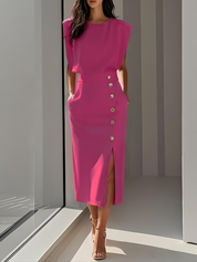 Aina - Vestido midi liso com fenda de botões e decote redondo
