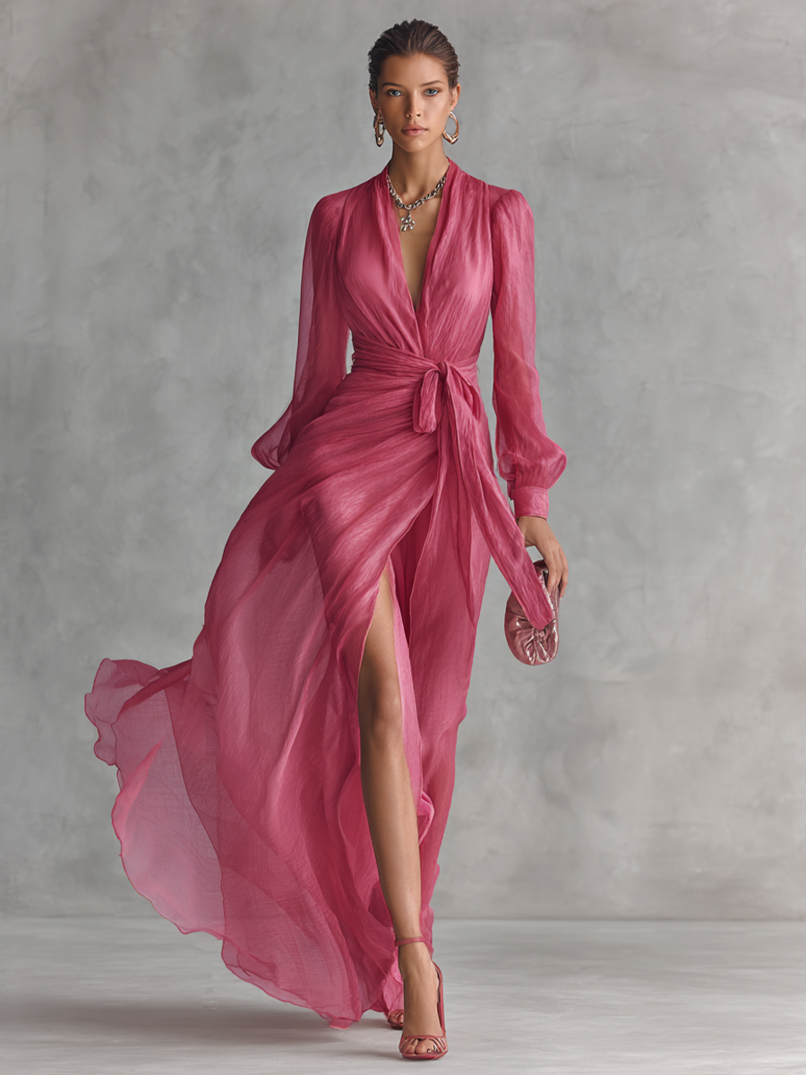 Cindy - Vestido de Chiffon Rosa com Decote em V para Mulher