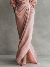 Rosa - Vestido Maxi Minimalista com decote em V em mistura de Linho para Mulher
