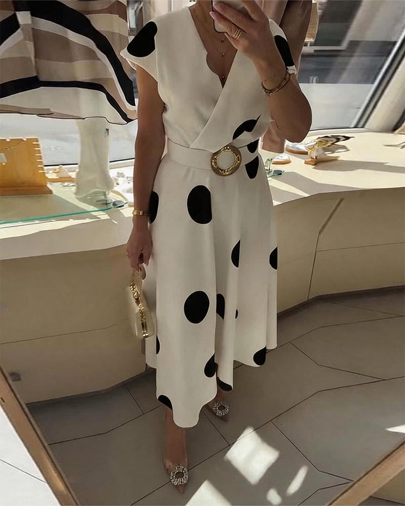 Lorena - Vestido midi para mulher com bolinhas e decote em V