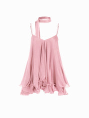 Brisa - Minivestido para mulher com decote em V, alças no pescoço, folhos e lenço na manga