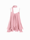 Brisa - Minivestido para mulher com decote em V, alças no pescoço, folhos e lenço na manga