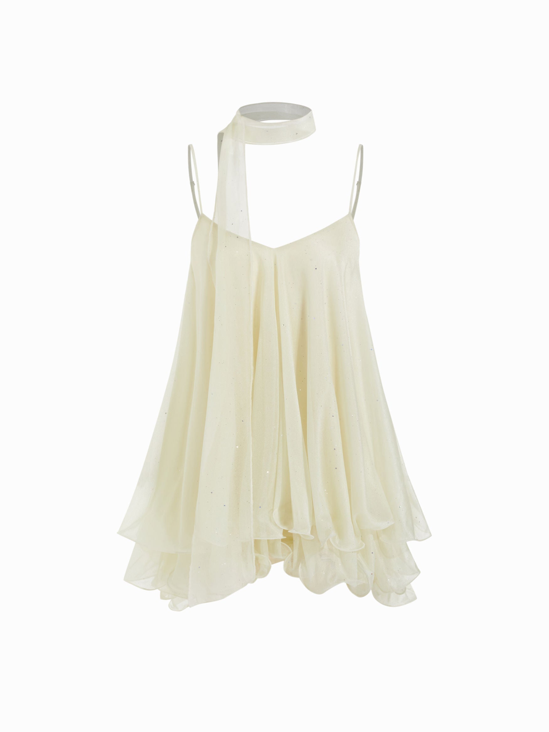 Brisa - Minivestido para mulher com decote em V, alças no pescoço, folhos e lenço na manga