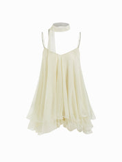 Brisa - Minivestido para mulher com decote em V, alças no pescoço, folhos e lenço na manga