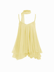 Brisa - Minivestido para mulher com decote em V, alças no pescoço, folhos e lenço na manga