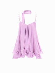 Brisa - Minivestido para mulher com decote em V, alças no pescoço, folhos e lenço na manga