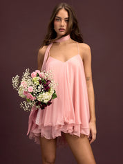 Brisa - Minivestido para mulher com decote em V, alças no pescoço, folhos e lenço na manga
