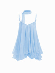 Brisa - Minivestido para mulher com decote em V, alças no pescoço, folhos e lenço na manga