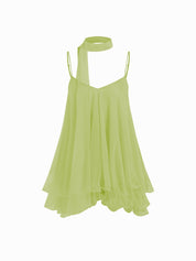 Brisa - Minivestido para mulher com decote em V, alças no pescoço, folhos e lenço na manga