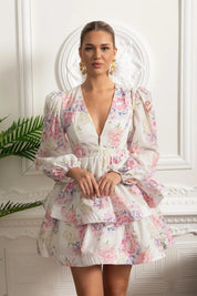 Margarida | Vestido Mini Floral Romântico com Mangas Volumosas — Branco/Rosa
