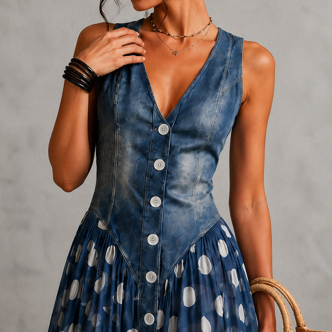 Rusca - Elegante vestido longo sem mangas de denim falso com bolinhas para Mulher