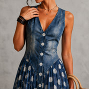 Rusca - Elegante vestido longo sem mangas de denim falso com bolinhas para Mulher