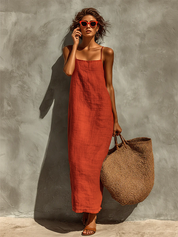 Vestido de Algodão com Alças Finas e Decote Quadrado, Estilo Boho-Resort Intemporal