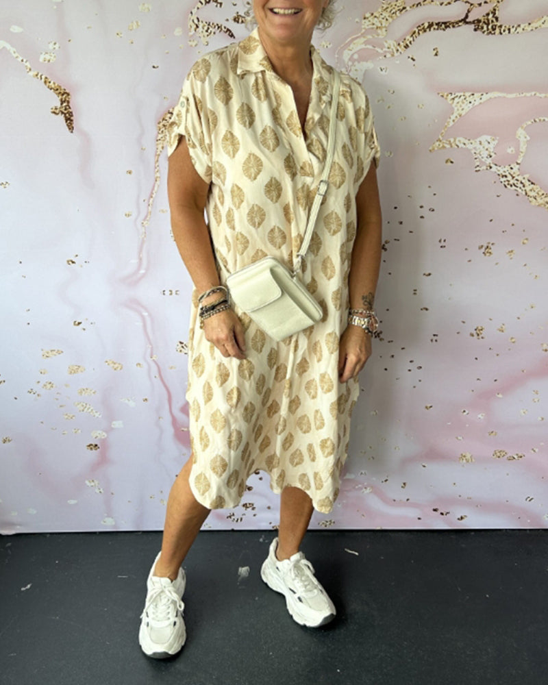 Liora™ | Vestido solto de primavera com gola de lapela e mangas curtas