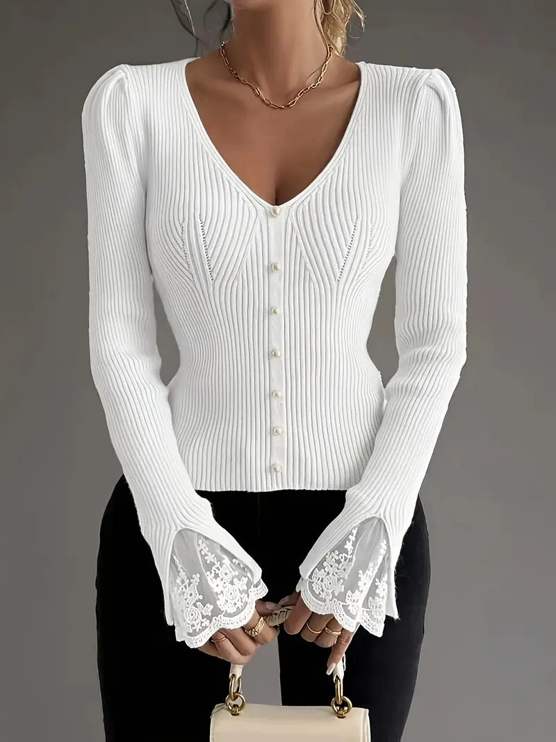 Mariana - Camisola Canelada com Decote em V e Mangas em Renda