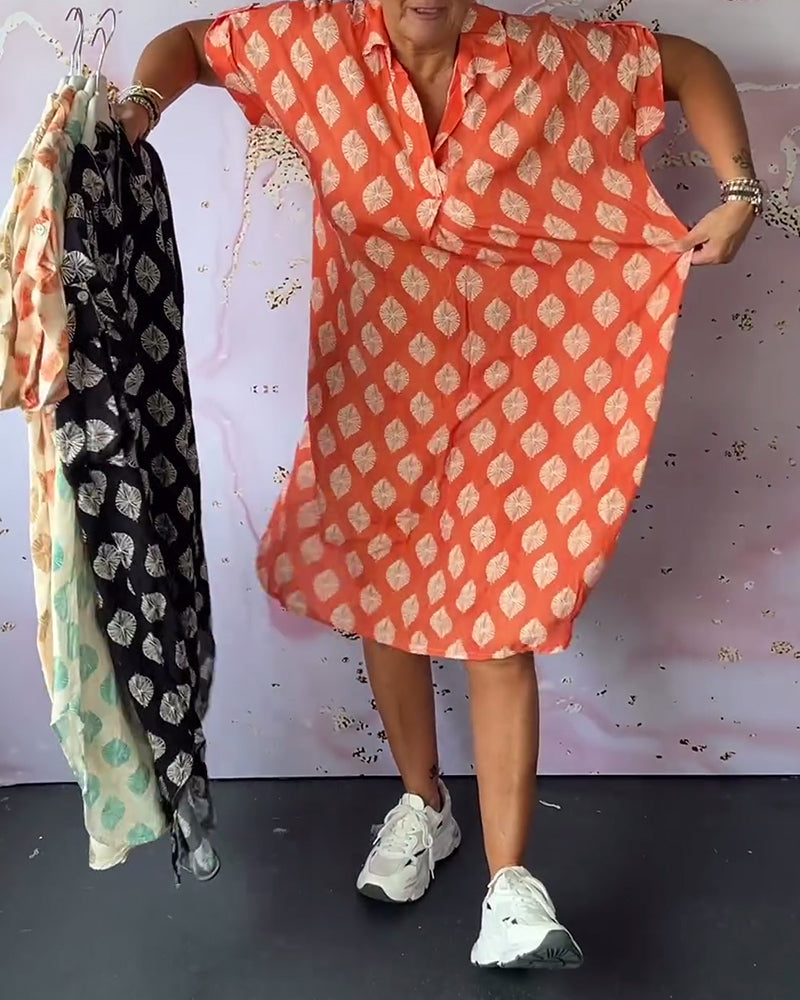 Liora™ | Vestido solto de primavera com gola de lapela e mangas curtas