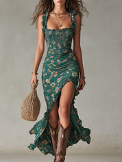 Vestido Longo Boho Retro com Mangas de Folho e Fenda Alta