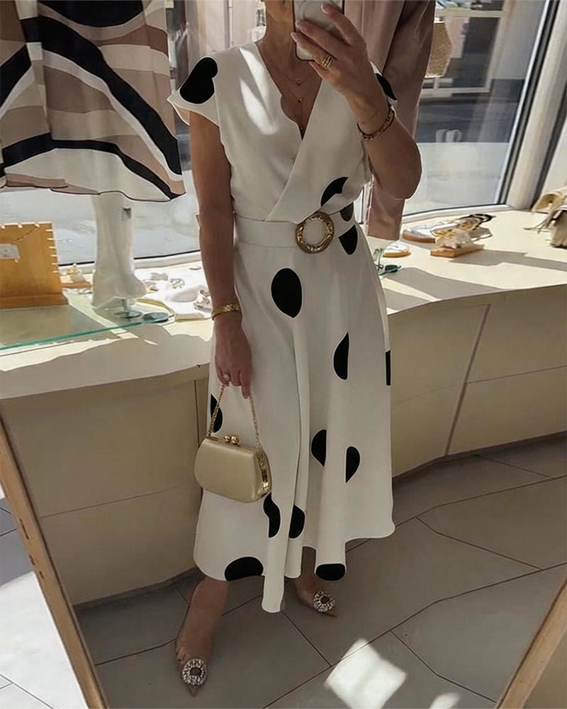 Lorena - Vestido midi para mulher com bolinhas e decote em V