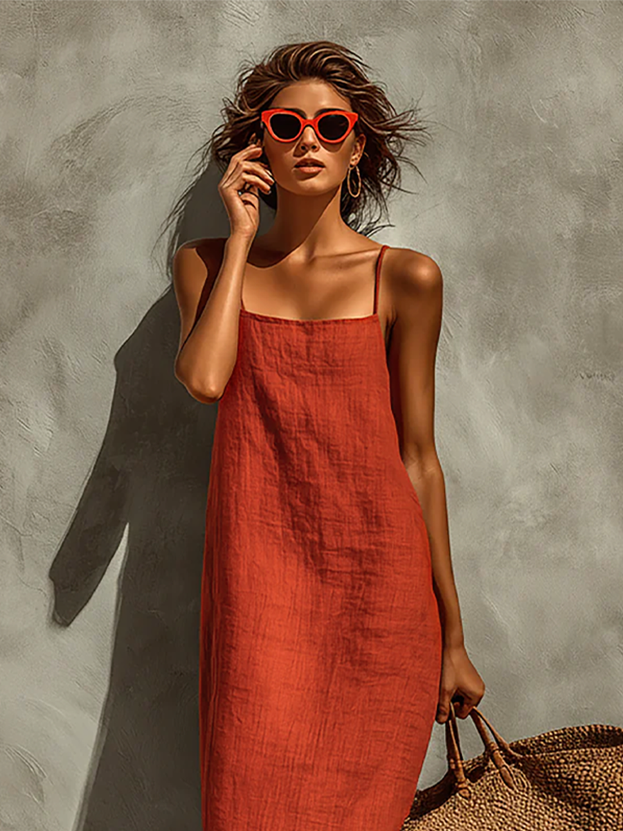 Vestido de Algodão com Alças Finas e Decote Quadrado, Estilo Boho-Resort Intemporal