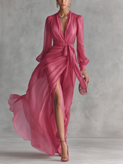 Cindy - Vestido de Chiffon Rosa com Decote em V para Mulher