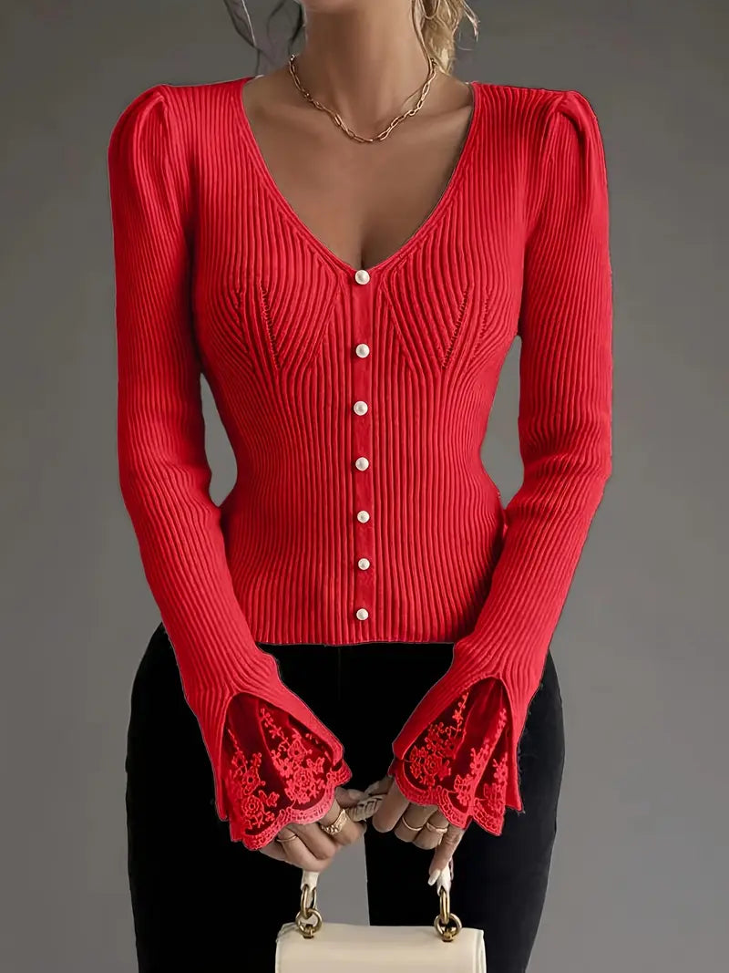 Mariana - Camisola Canelada com Decote em V e Mangas em Renda