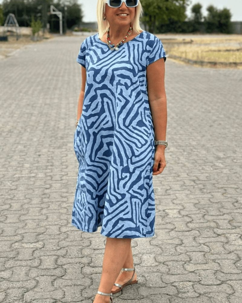 Nelia| Vestido de verão com gola redonda e linda estampa para Mulher
