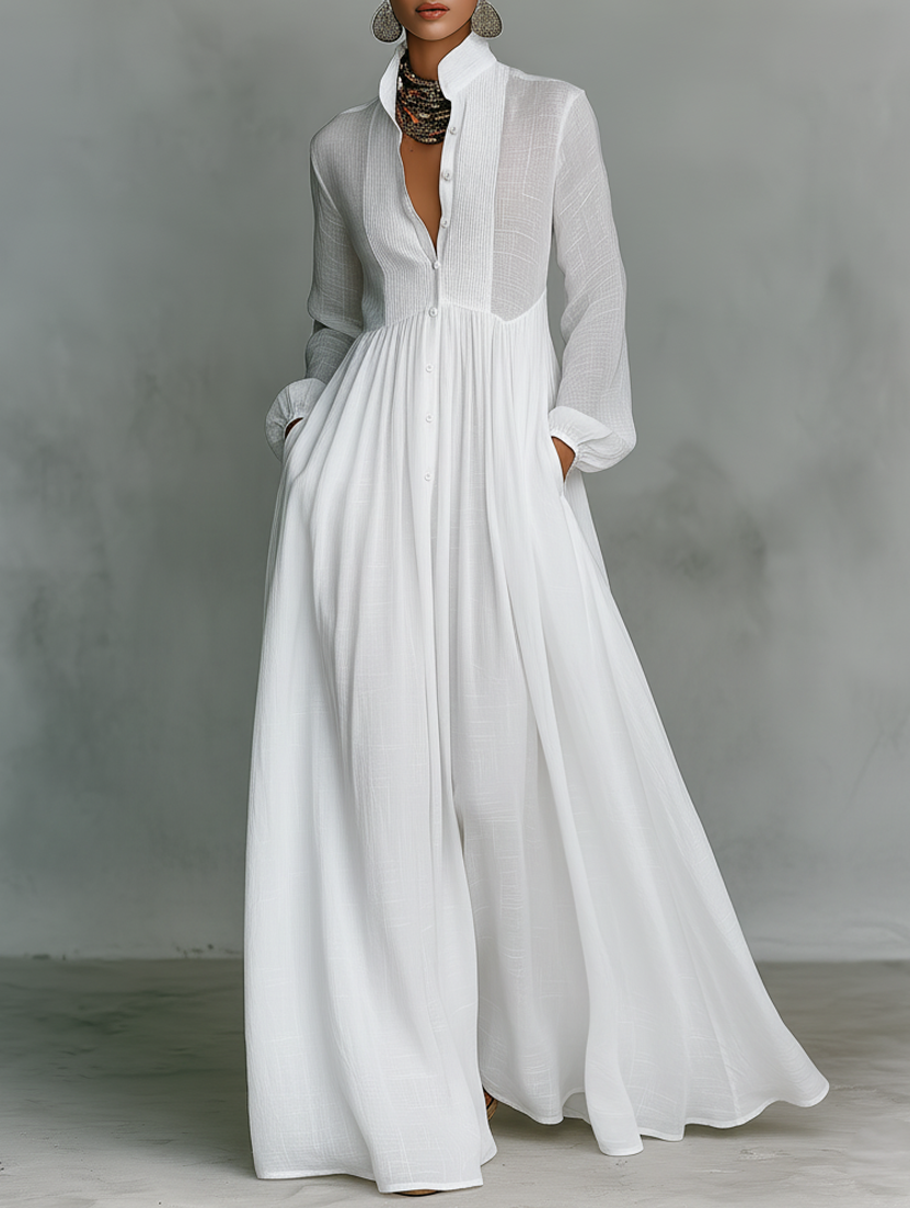 Elisa - Maxi Minimalista em Algodão e Linho com Patchwork, Gola Alta e Mangas Longas