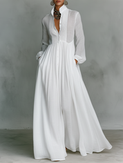 Elisa - Maxi Minimalista em Algodão e Linho com Patchwork, Gola Alta e Mangas Longas