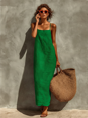 Vestido de Algodão com Alças Finas e Decote Quadrado, Estilo Boho-Resort Intemporal