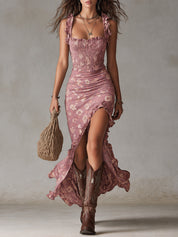 Vestido Longo Boho Retro com Mangas de Folho e Fenda Alta
