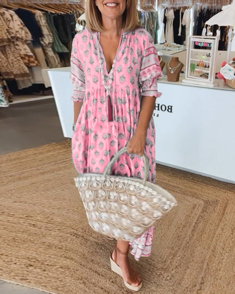 Modena™ - Vestido casual estampado com decote em V e mangas curtas