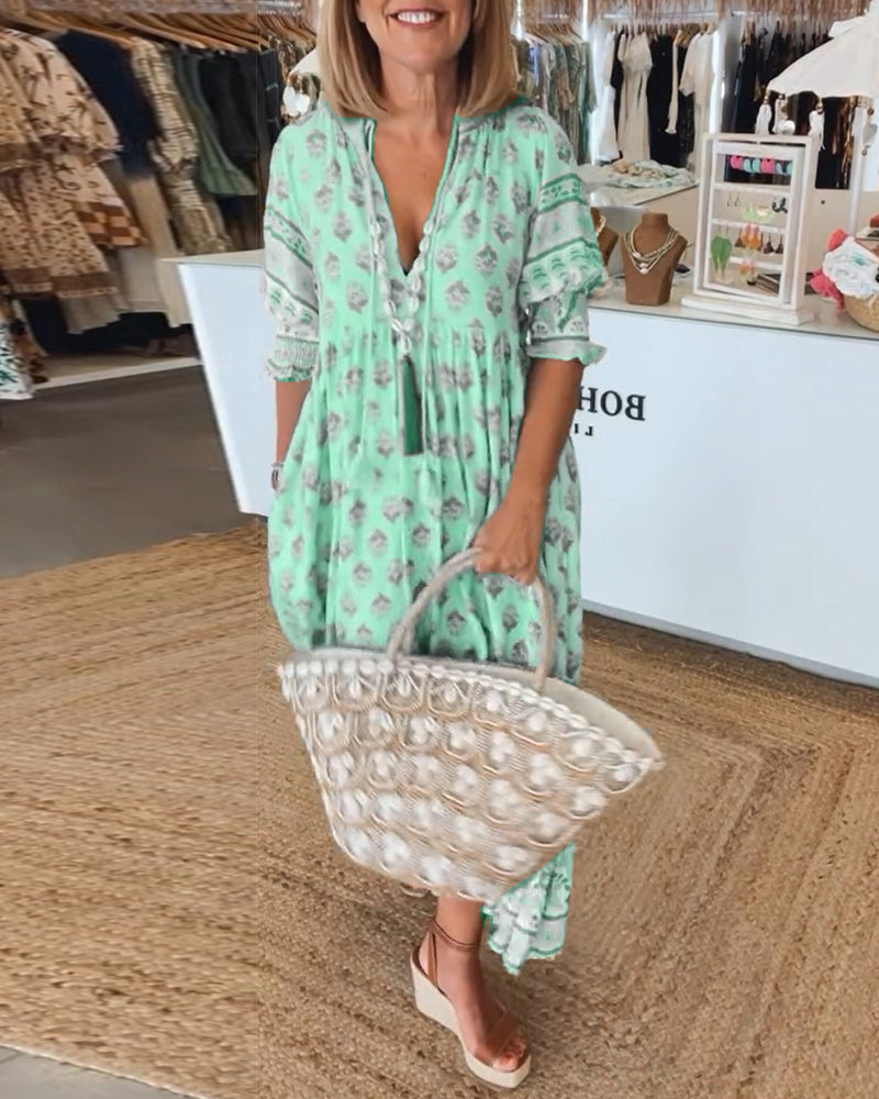 Modena™ - Vestido casual estampado com decote em V e mangas curtas