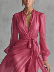 Cindy - Vestido de Chiffon Rosa com Decote em V para Mulher