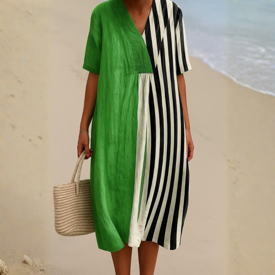 Maribel - Vestido Verde Vibrante com Riscos Pretos