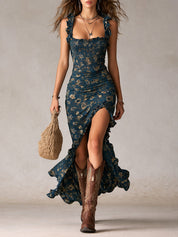 Vestido Longo Boho Retro com Mangas de Folho e Fenda Alta