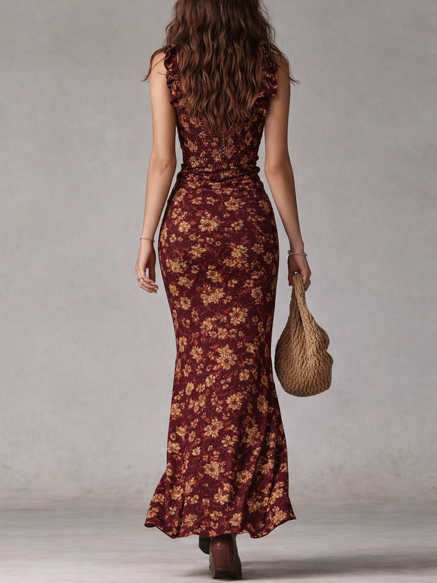 Vestido Longo Boho Retro com Mangas de Folho e Fenda Alta