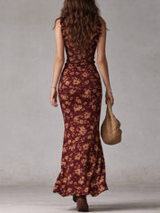 Vestido Longo Boho Retro com Mangas de Folho e Fenda Alta