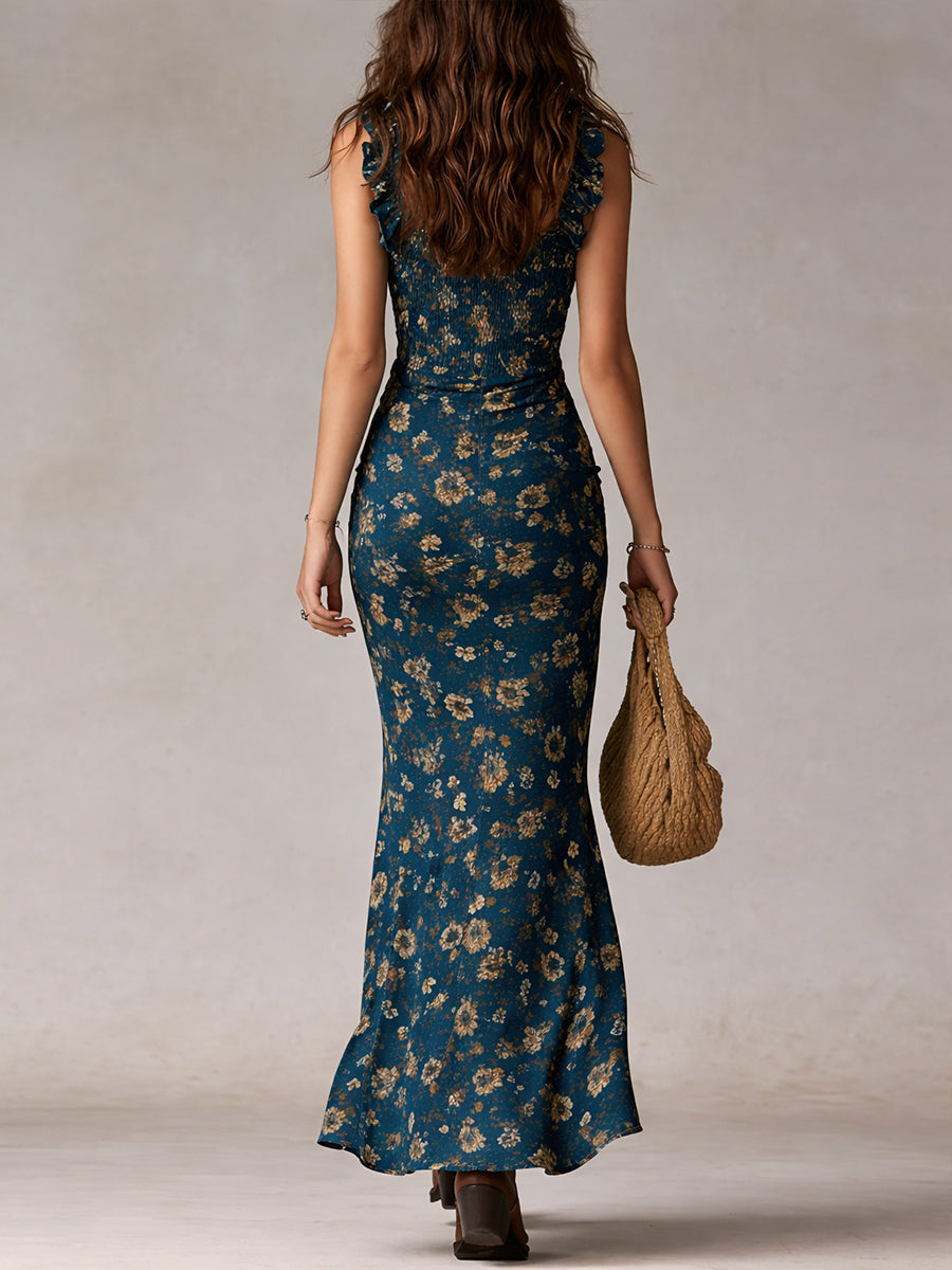 Vestido Longo Boho Retro com Mangas de Folho e Fenda Alta